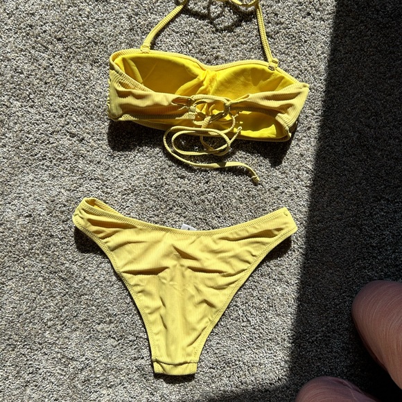 SHEKINI 2 Piece Swimsuit Ribbed Lace up Bandeau Bikini Set High Cut Bathing Suit - Picture 3 of 10